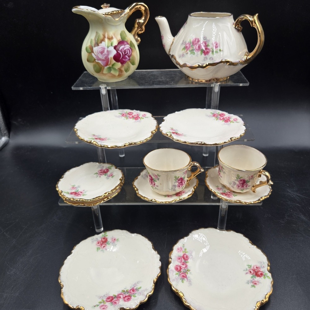 Vtg Miniature Ceramic Tea Set 13pc Pink Floral Rose Scalloped w Gold Trim EXC
